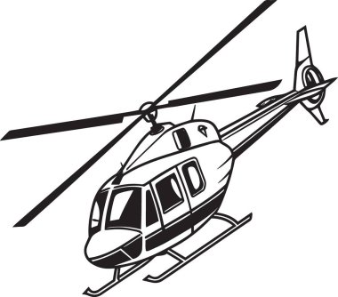 Görünür pervaneli ve iniş kızaklarıyla uçan helikopterin siyah ve beyaz detaylı vektör silueti