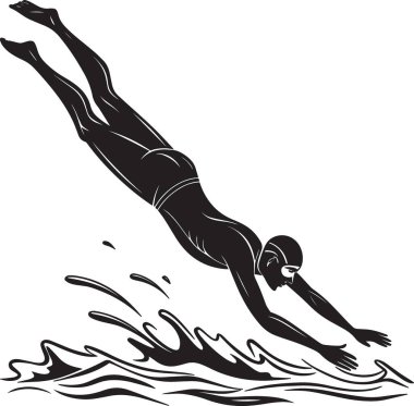 Suya balıklama dalan bir adamın siyah ve beyaz vektör silueti.