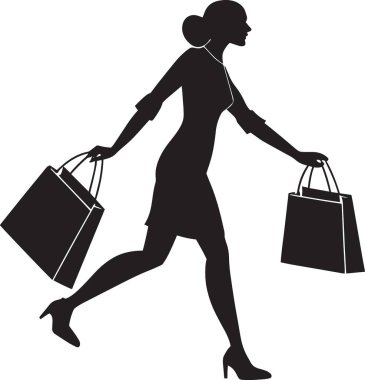 Yan görünümde alışveriş torbaları taşıyan bir kadının siyah ve beyaz vektör silueti