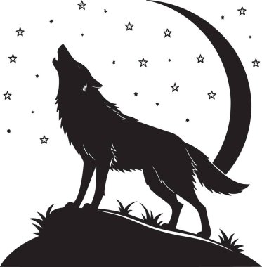 Gece gökyüzünde yıldızlarla çevrili aya uluyan bir kurdun siyah beyaz vektör silueti.