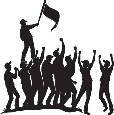 Protestocuların siyah-beyaz silueti kaldırılmış yumruklarla yürüyor ve bayrak sallıyor.