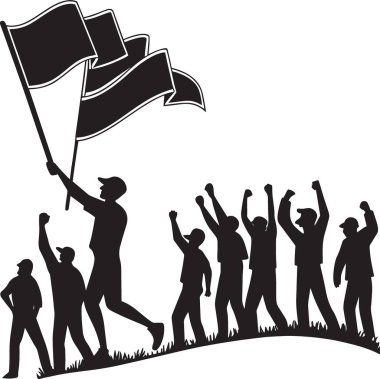 Birden fazla bayrakla protesto eden ve kollarını kaldıran bir grup insanın siyah beyaz vektör silueti