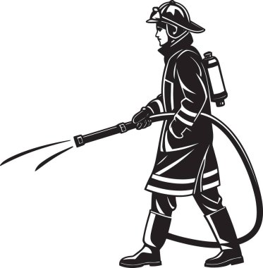 Bir itfaiyecinin siyah-beyaz silueti yangın söndürücü taşıyor ve püskürtüyor.