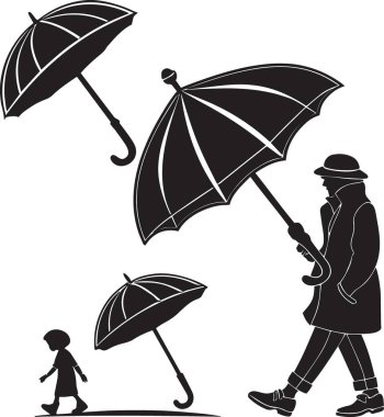 Yağmurda şemsiye ve yağmur damlalarıyla birlikte yürüyen ebeveyn ve çocuğun siyah ve beyaz vektör silüeti
