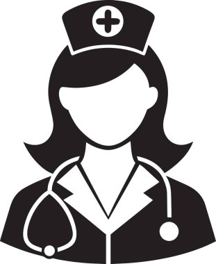 Tıbbi çapraz kapaklı ve steteskoplu bir hemşirenin siyah beyaz vektör siluet simgesi