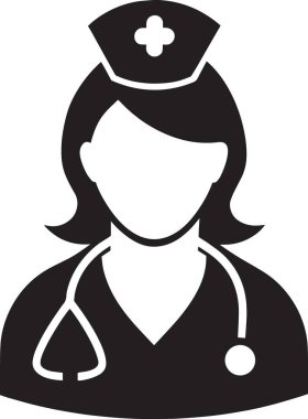 Siyah ve beyaz vektör avatar simgesi. Haç ve stetoskop takan bir hemşire.