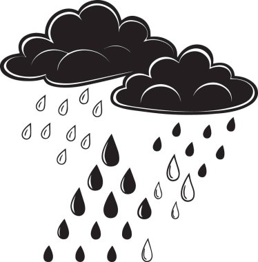 Kara yağmur bulutunun siyah ve beyaz vektör silueti ve büyük yağmur damlaları.