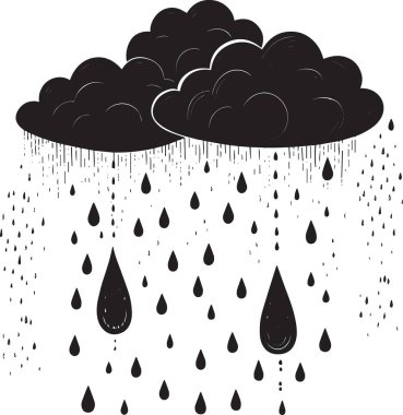 Ağır yağmur damlaları ve su damlaları olan büyük bir kara bulutun siyah ve beyaz vektör silueti