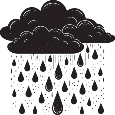 Yoğun bir fırtına bulutunun siyah beyaz vektör silueti yağmur damlaları gibi yağıyor.