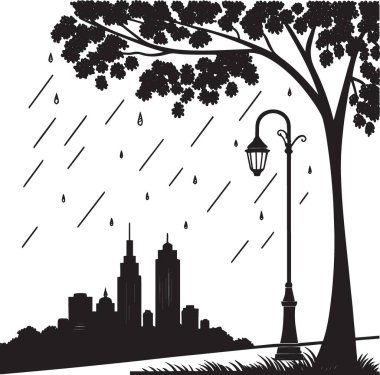 Ağaçlar, binalar ve yağmurlu bir şehir sokak sahnesinin siyah ve beyaz vektör silueti