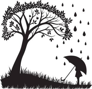 Şiddetli yağmur damlaları ve çimenlerle dolu bir ağacın siyah beyaz vektör silüeti