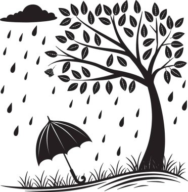 Kara ve beyaz bir ağaç silueti yağmurda bükülüyor bulutlar ve yerde bir şemsiye