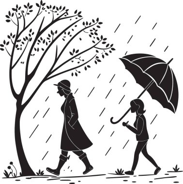 Yağmurda yağmur damlalarıyla ağaçların arasında şemsiyeyle yürüyen bir kişinin siyah ve beyaz vektör silüeti