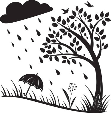 Yağmur bulutlarından oluşan siyah beyaz vektör silueti ve düşen yağmur damlalarıyla ağaçların yakınında uçan kuşlar.