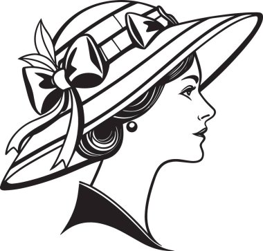 Süslü, geniş kenarlı bir şapka takan, moda illüstrasyonu ve klasik temalar için ideal bir kadın profilli siyah beyaz çizgili sanat vektörü.