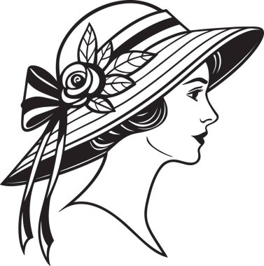 Geniş desenli çiçekli bir şapka takan zarif bir kadının siyah-beyaz çizimi, moda ve klasik tasarımlar için mükemmel.