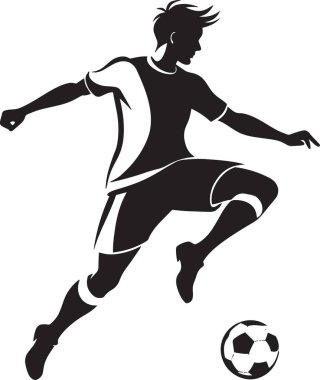 Genç bir çocuğun siyah siluet vektörü bir futbol topuna vurup koşuyor, spor ve gençlik aktiviteleri için mükemmel.