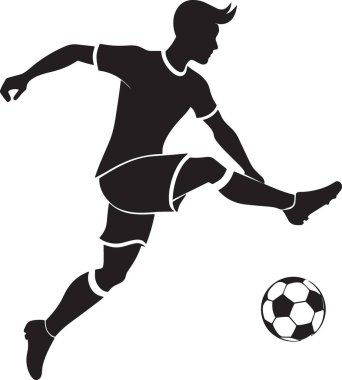 Futbol oyuncusunun dinamik tekme pozisyonundaki siyah siluet vektörü top ile poz verir, futbol ve spor temalı tasarımlar için idealdir.