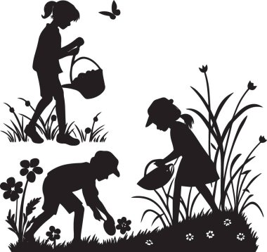 Çocukların bahar ve Paskalya tasarımları için ideal çiçekli ve kelebekli bir bahçede yumurta arayıp topladıkları siyah siluet vektörü.