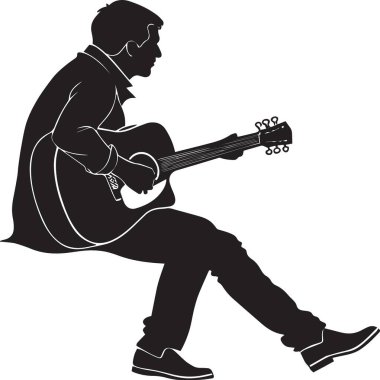 Yerde oturup akustik gitar çalan bir adamın siyah siluet vektörü, müzik ve müzisyen temalı tasarımlar için mükemmel.