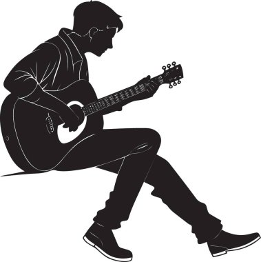 Müzik ve eğlence tasarımları için ideal olan akustik gitar tıngırdatan bir erkek gitaristin siyah siluet vektörü