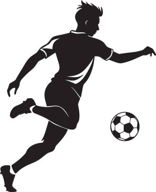 Bir futbolcunun dinamik orta saha hareketli siyah siluet vektörü top ile poz verir, spor ve futbol tasarımları için mükemmeldir.