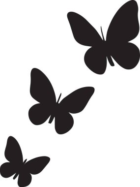 Farklı boyutlarda uçan bir grup kelebeğin siyah silueti. İlkbahar ve özgürlük temalı grafik tasarımlar için mükemmel.