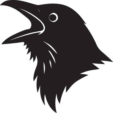 Ayrıntılı yakın plan profil görünümlü açık gagalı bir karga veya kuzgun kafasının siyah vektör silueti