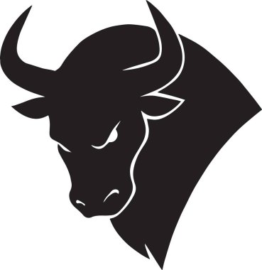 Siyah vektör silueti, geniş boynuzları, kalın ve güçlü tasarımı olan bir boğa kafası.