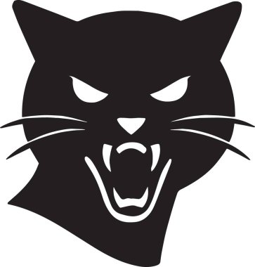 Kızgın bir kedi suratının siyah silueti. Çıplak dişleri ve keskin gözleri var. Cadılar Bayramı tasarımları ve keskin maskotluk için mükemmel.