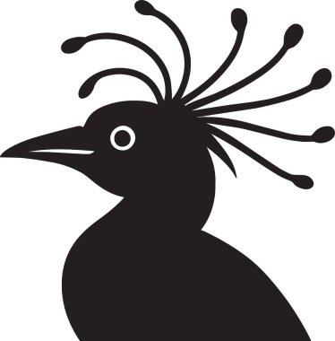 Dramatik tüylü tüylü egzotik bir kuşun siyah silueti tropikal vahşi yaşam ve dekoratif kuş temalı tasarımlar için idealdir.