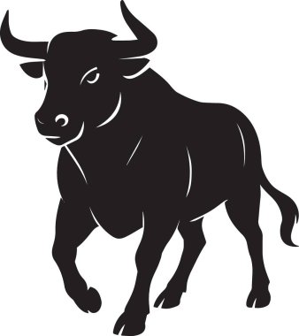 Güçlü bir boğanın siyah vektör silueti kaslı gövdesi ve kıvrımlı boynuzları, logolar, damgalama ve grafik tasarım projeleri için mükemmel.
