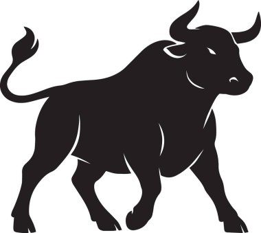 Siyah vektör silueti, boynuzları ve kuyruğu görünür, spor takımının logoları ve batı tasarımları için ideal.