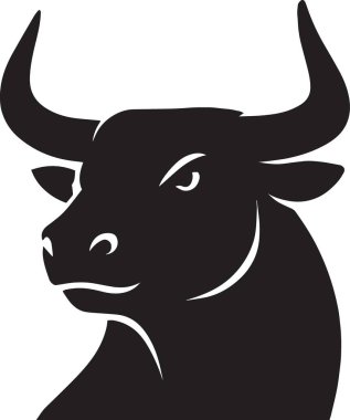 Büyük kavisli boynuzları ve yoğun ifadesiyle öne bakan bir boğanın siyah vektör silueti marka kimliği ve maskot tasarımı için mükemmel.