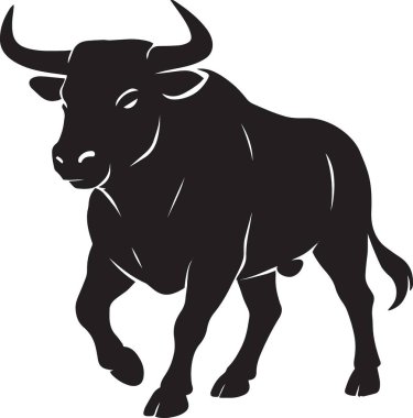 Güçlü bir boğanın siyah vektör silueti ayakta duruyor. Büyük boynuzları var. Hayvancılık ve batı temalı tasarımlar için ideal..