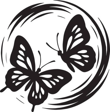 Kelebeklerin, dekoratif, logo ve sanatsal tasarım projeleri için ideal dairesel bir dizaynda sıralanmış siyah ve beyaz vektör çizimi.