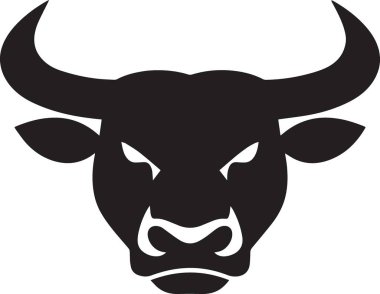 Siyahi vektör silueti, simetrik boynuzları olan ve temiz damgalama ve logo tasarımları için mükemmel olan sakin bir boğanın başı..