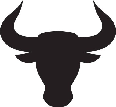 Önden görülen siyah siluet boynuzlu, logo ve amblem tasarımları için mükemmel bir boğa kafası.