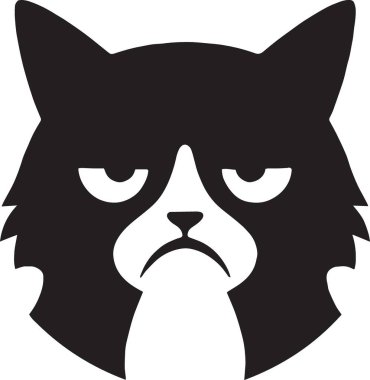 Huysuz, suratsız, suratsız bir kedi suratının siyah silueti, komik mim ve evcil hayvan tasarımları için ideal.
