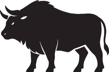 Büyük boynuzları ve kaslı yapısı olan, çiftlik ve tarım tasarımları için ideal siyah bir boğa silueti.
