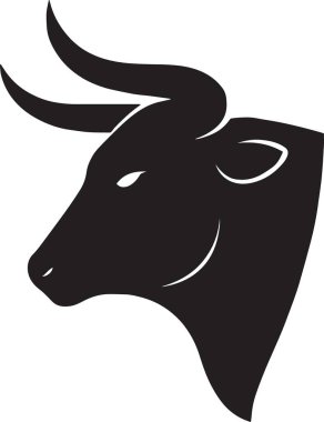 Siyah bir baş silueti. Kısa boynuzları ve detaylı kulakları var. Sığır çiftliği için mükemmel.