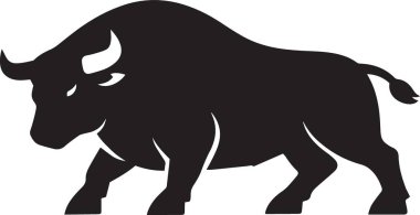 Boynuzları olan güçlü bir boğanın siyah silueti spor takımları ve güçlü marka tasarımları için uygundur.