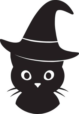 Cadı şapkası takan sevimli bir kedinin siyah silueti Cadılar Bayramı temalı tasarımlar ve dekorasyonlar için mükemmel.
