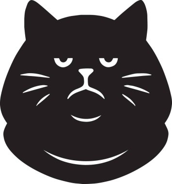 Huysuz ifadeli yuvarlak kedi suratlı siyah vektör silueti, mim, mizah ve kedi sever tasarımlar için ideal.