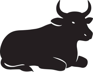 Bir boğanın siyah vektör silueti dinleniyor, sakin, huzurlu ve çiftlik temalı tasarımlar için uygun.