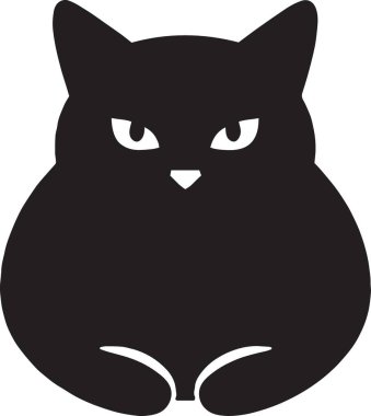 Kızgın bir kedinin siyah vektör silueti. Parlayan yoğun gözleri ileri bakıyor. Vahşi, gizemli ve karanlık temalı tasarımlar için mükemmel.