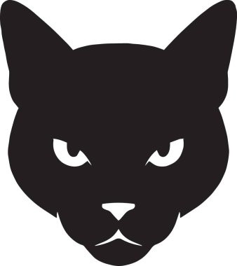 Keskin gözleri ve sivri kulakları olan bir kedi yüzünün siyah vektör silueti. Sinirli, esmer ve kedi sever tasarımlar için birebir.