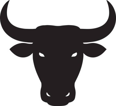 Siyah vektör silueti. Önünde boynuzları olan bir boğa başı. Güçlü sığır grafiği.