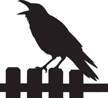 Ahşap bir çit direğine tünemiş bir kuşun siyah vektör silueti, kırsal bahçe grafiği.