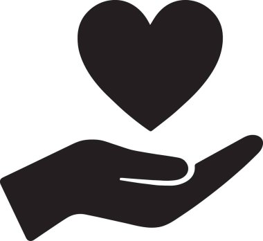 Siyah vektör silueti, kalp sembolü tutan eller, aşk bakımı hayır kurumu bağış grafik tasarım elementi.